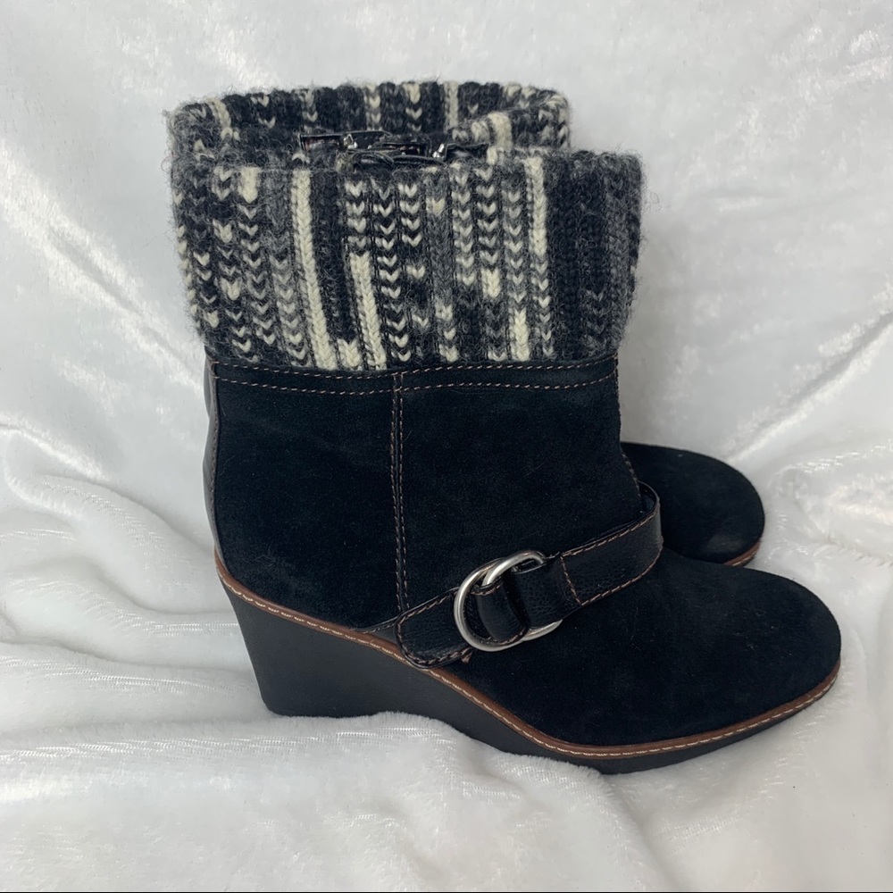 Genuine leather suede chunky wedge boots with cute knit sweater material on top